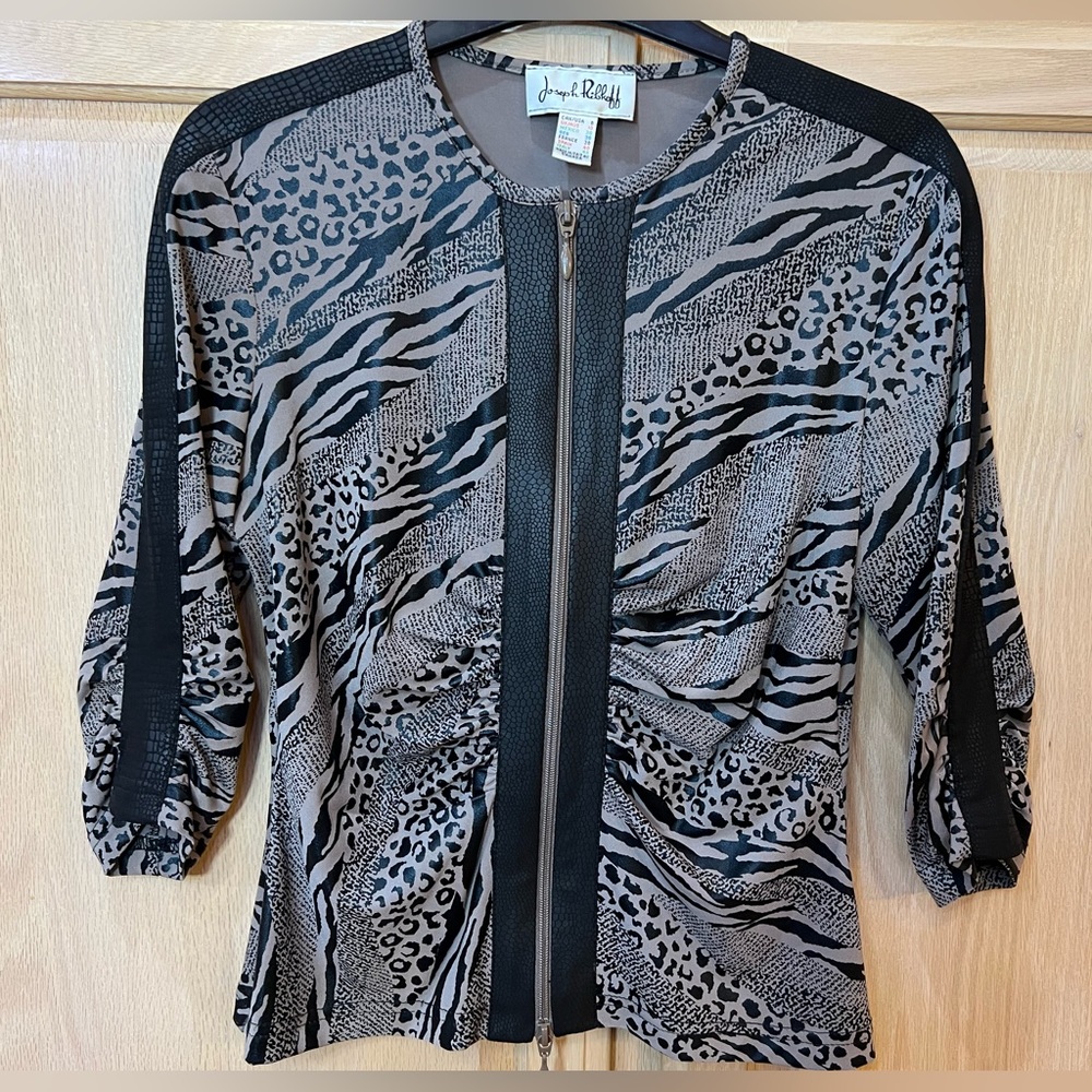 Vintage Joseph Ribkoff Jaguar Print Faux Leather Trim Zip LtWeight Jacket Sz 8